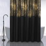 Штора с рисунком, золотые перья на черном, в ванную комнату, без колец - полиэстэр, 180 х 180 см
