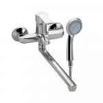 Смеситель для ванны с длинным, плоским изливом, шаровый, с дивертором м/к на корпусе, цвет ХРОМ.