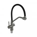 Смеситель для кухни с гибким чёрным изливом с фиксацией на изливе для фильтрованной воды, шаровый, из нержавеющей стали марка 304, цвет корпуса ГРАФИТ.