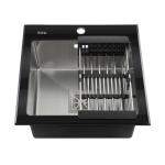 Мойка врезная 50х50 см, ЧЁРНОЕ СТЕКЛО + нержавеющая сталь, толщина стекла 8 мм, глубина 200 мм + большой КВАДРАТНЫЙ сифон с переливом + корзина