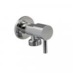 Кран металлокерамика угловой 1/2"х3/4", круглый корпус из нержавеющей стали, ручка шток, с декоративной чашкой, цвет ХРОМ.