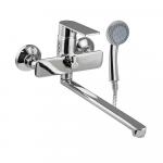 Смеситель для ванны с длинным, плоским изливом, шаровый, с дивертором м/к на корпусе, цвет ХРОМ.