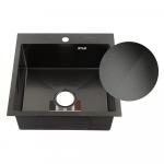 Мойка врезная 50х50 см, ГРАФИТ, ДЕКОР, толщина 3,0х0,8 мм, глубина 200 мм + большой сифон с переливом + корзина