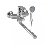 Смеситель для ванны с длинным, плоским изливом, шаровый, с дивертором м/к на корпусе, цвет ХРОМ.