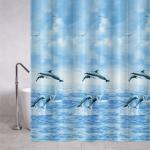 Штора с рисунком, дельфины, матовая, в ванную комнату, с кольцами, ПЕВА, 180 х 180 см.