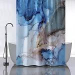 Штора с рисунком ГОЛУБОЙ МРАМОР с ЗОЛОТОМ, в ванную комнату, без колец - полиэстэр, 180 х 180 см.