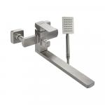 Смеситель для ванны, длинный излив, шаровый, с дивертором на корпусе, квадратный корпус, из нержавеющей стали марки 304, цвет САТИН.